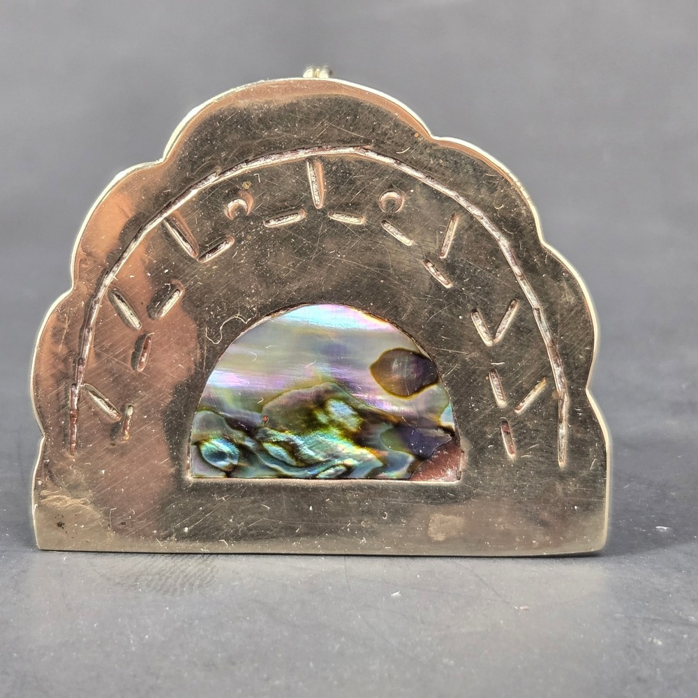 Vintage Alpaca Silver Abalone Inlay Pill Box Pendant Fan Shape Scalloped Edge